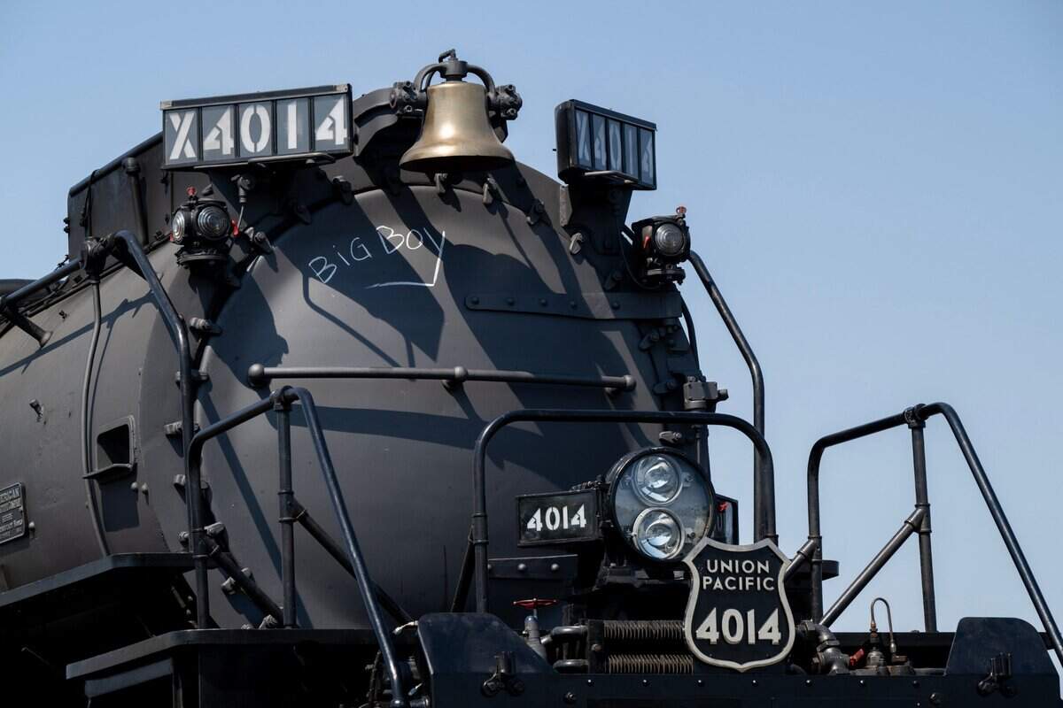 The front of Union Pacific’s Big Boy No. 4014 steam locomotive stands on display in Roseville on Friday.