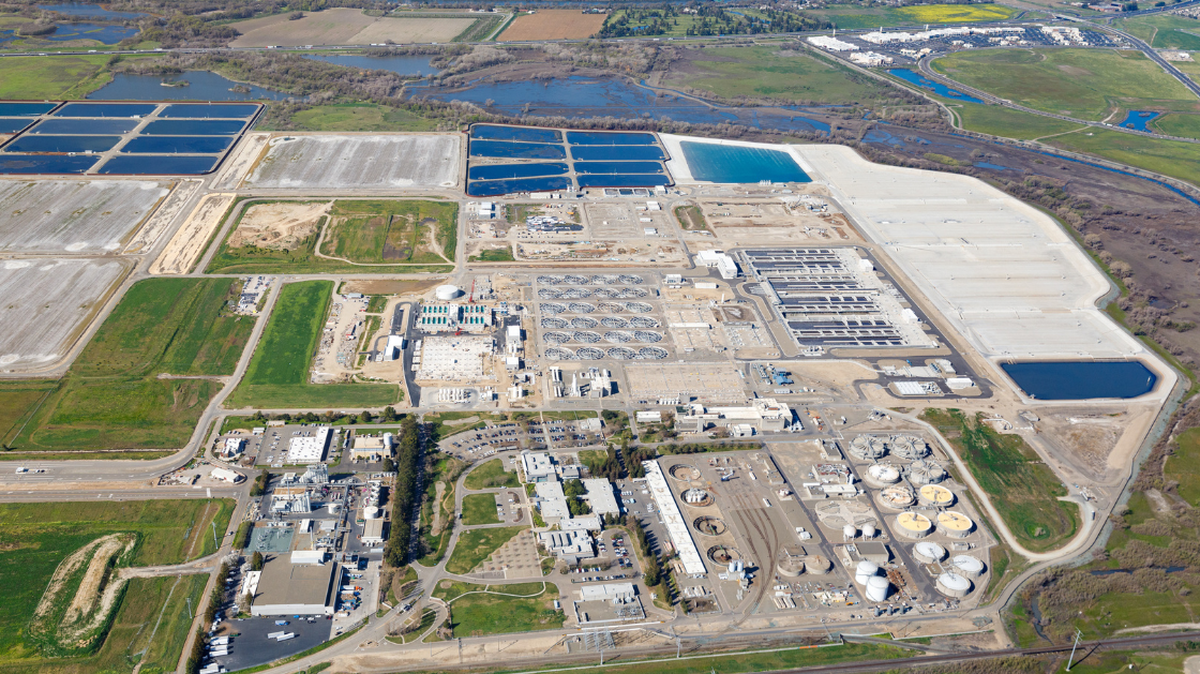 An aerial drone photograph shows EchoWater Resource Recovery Facility near Elk Grove. Ameresco Inc. this week announced a $150 million with SacSewer to build a renewable energy cogeneration facility at the site.