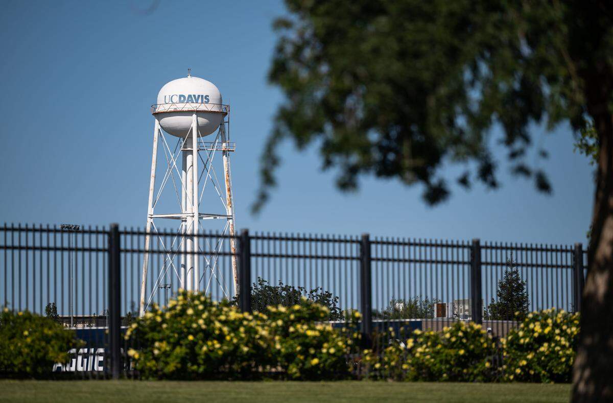 The UC Davis water tower, a local landmark, stands on campus on April 23, 2022.