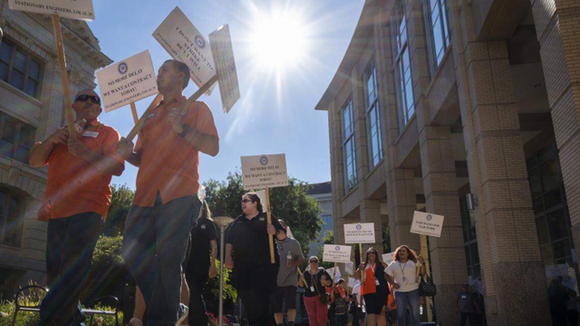 Local 39, Sacramento’s biggest union, protests outside City Hall in 2019. Their members do jobs for the city like picking up trash, answering 311 calls, maintaining streets, enforcing code violations and keeping parks clean and well maintained. 