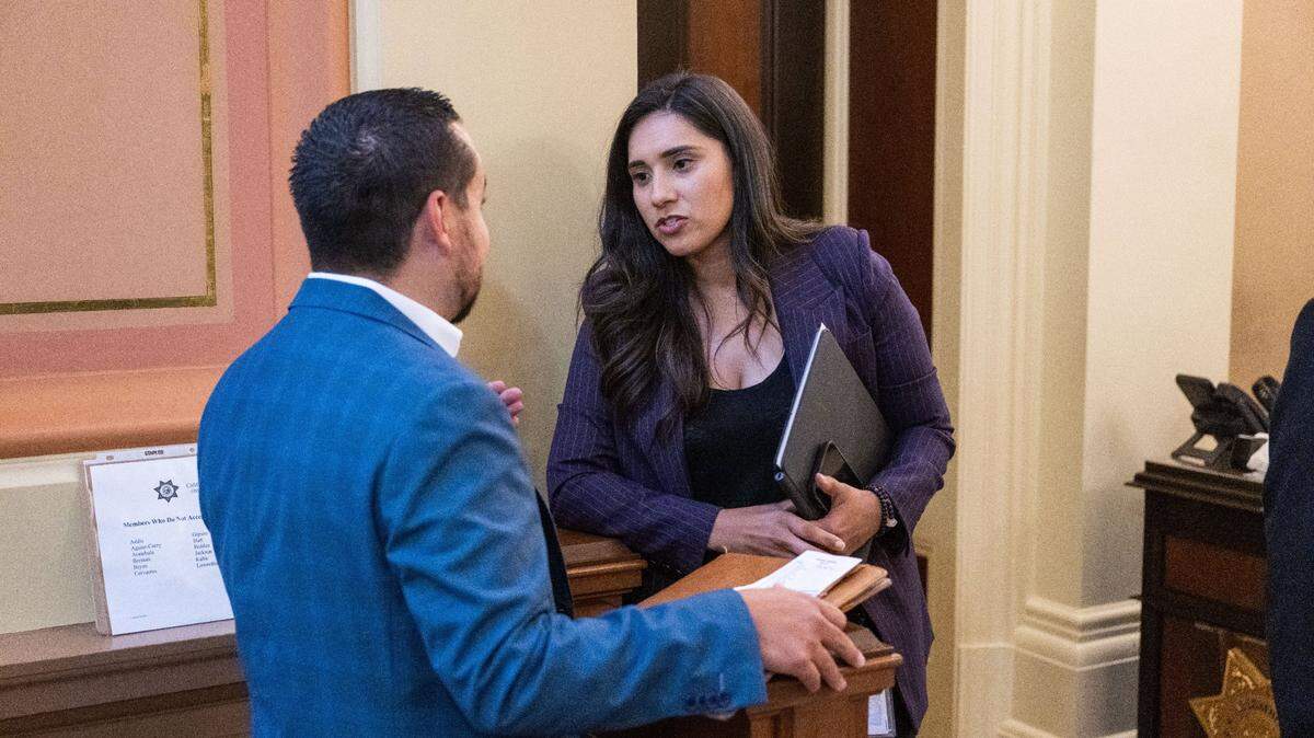Assemblywoman Sabrina Cervantes, D-Riverside, speaks to a lobbyist last year. Cervantes is the chair of the California Latino Legislative Caucus.