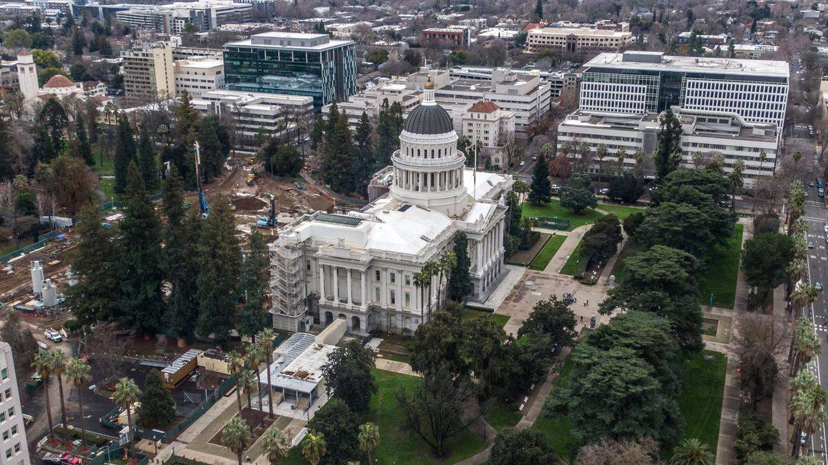 A smaller state Capitol building stands in downtown Sacramento on Feb. 8, 2024, after the demolition of annex that was built in the 1950s.