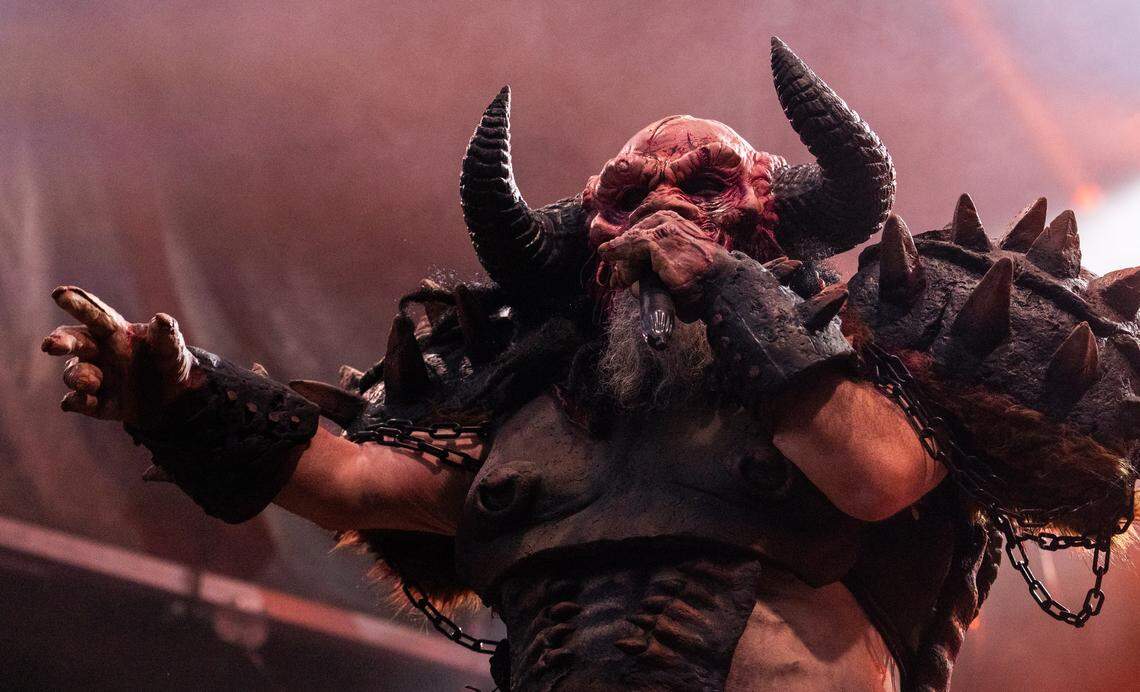 Blöthar the Berserker of heavy metal band Gwar, celebrating its 40th anniversary, sings during the Aftershock festival on Sunday, Oct. 5, 2025, in Sacramento’s Discovery Park.