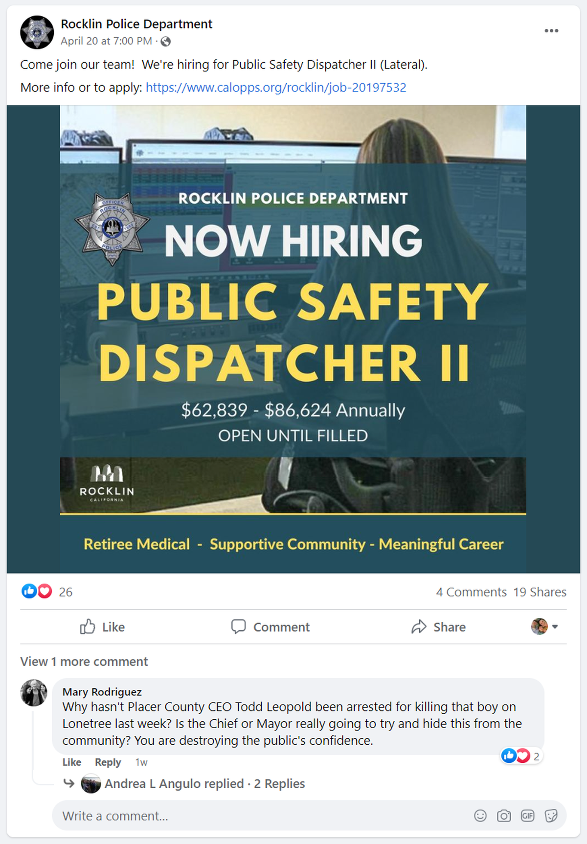 A Facebook post made by Rocklin police on April 20 is seen with a comment about the death of Anthony Williams.