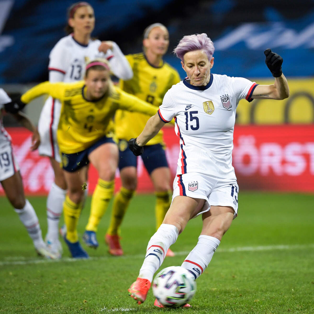Megan Rapinoe of USA scores a goal on a penalty kick during the women’s international friendly soccer match between Sweden and USA at Friends Arena in Stockholm, Sweden, Saturday, April 10, 2021. (Janerik Henriksson/TT via AP)
