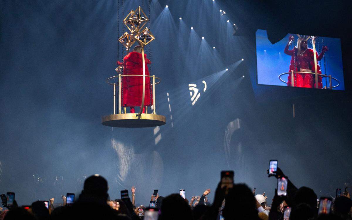 Mary J. Blige sings as the glides over fans in a tiara-inspired platform during her concert at Golden 1 Center on Saturday.
