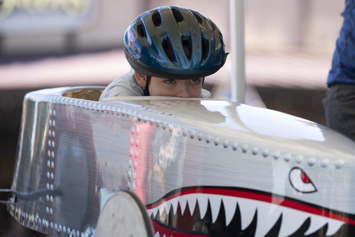 A racer prepares to race in the Folsom Historic District’s All-American Soap Box Derby in Folsom on Sunday, Oct. 5, 2025.