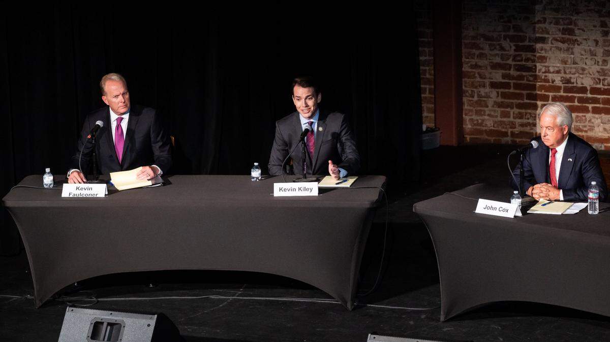 Assemblyman Kevin Kiley, center, of Rocklin speaks during a debate with former San Diego Mayor Kevin Faulconer, left, and businessman John Cox, all Republicans vying to replace Gov. Gavin Newsom during the recall election, at the Guild Theater on Tuesday, Aug. 17, 2021, in Sacramento’s Oak Park. The debate was hosted by the Sacramento Press Club and sponsored by The Sacramento Bee and Capital Public Radio.