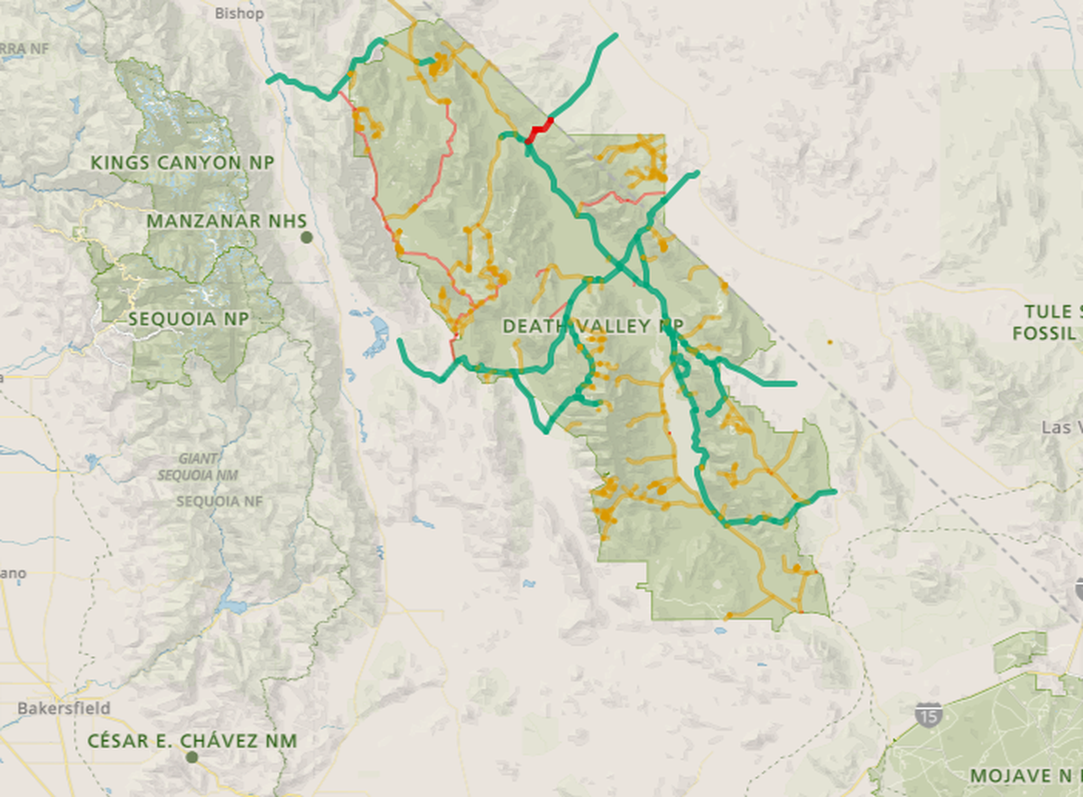 The most current Death Valley road status map from July 12 shows what roads are opened (green) and closed (red). The yellow shows which dirt roads have areas of moderate to severe damage due to summer floods and winter storms, according to the National Park Service website.