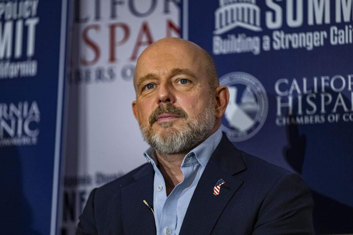 Republican governor candidate Steve Hilton listens during a forum by the California Hispanic Chambers of Commerce in Sacramento on April 14.