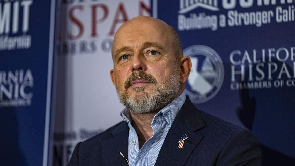Republican governor candidate Steve Hilton listens during a forum by the California Hispanic Chambers of Commerce in Sacramento on April 14.