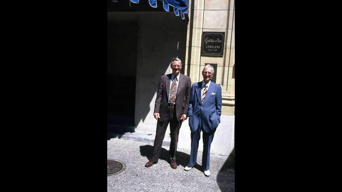 Ed Grebitus, Jr. and his father outside the Grebitus Jewelers store on K Street in downtown Sacramento.