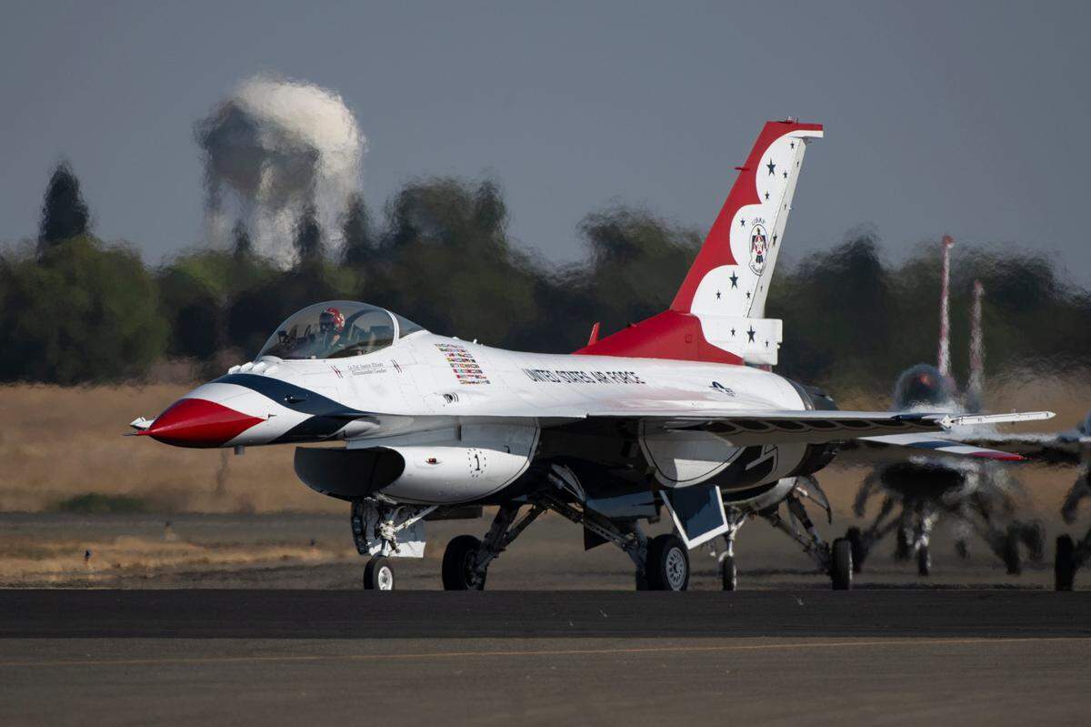 The U.S. Air Force Thunderbirds taxi after performing at the California Capital Airshow on Sunday, Sept. 24, 2023, at Mather Airport.