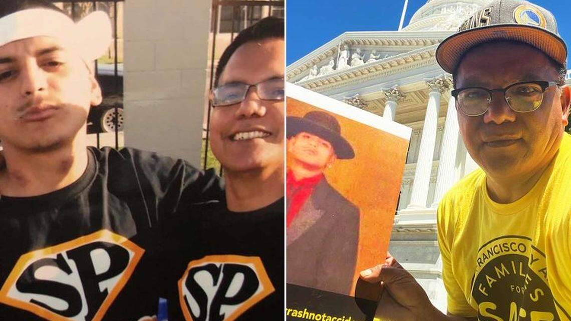 Left: Joe Martinez with his son, Paul. Right: Joe Martinez holds a photo of his son in front of the California State Capitol.