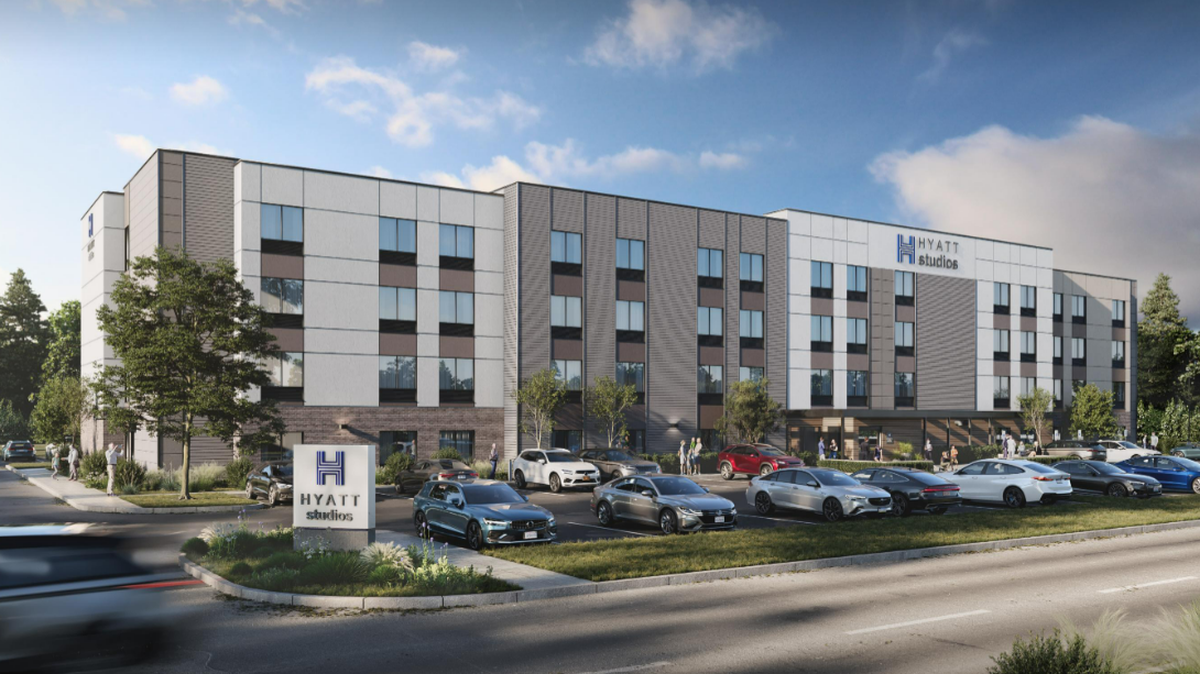 A rendering of the exterior of a Hyatt Studios building. The Hyatt Hotel Corp. plans to open a new, extended-stay hotel in Marysville in 2025. The project is part of Hyatt Studios, a new brand recently launched by the hotel company that leans toward extended stays with kitchen amenities and a grab-and-go breakfast bar.