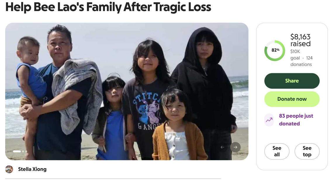 A screenshot shows a GoFundMe campaign for Bee Lao, posted online by his wife, Stella Xiong, as seen Thursday. Lao, a 46-year-old father of five, was struck and killed by a driver Sunday evening at Marysville and Del Paso boulevards in North Sacramento.