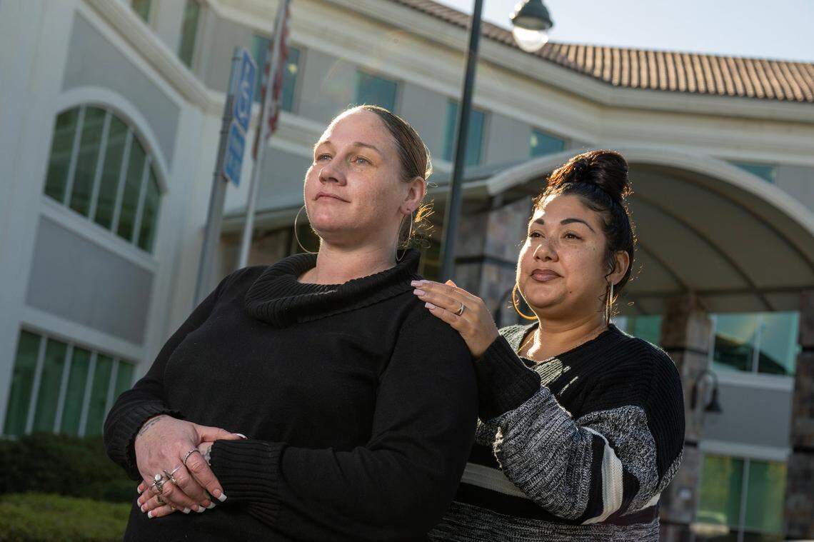 Michelle Vasquez, right, a counselor at the Sacramento Regional Family Justice Center, stands with her client Laura, who will be the subject of a documentary that will shine a light on human sex trafficking.