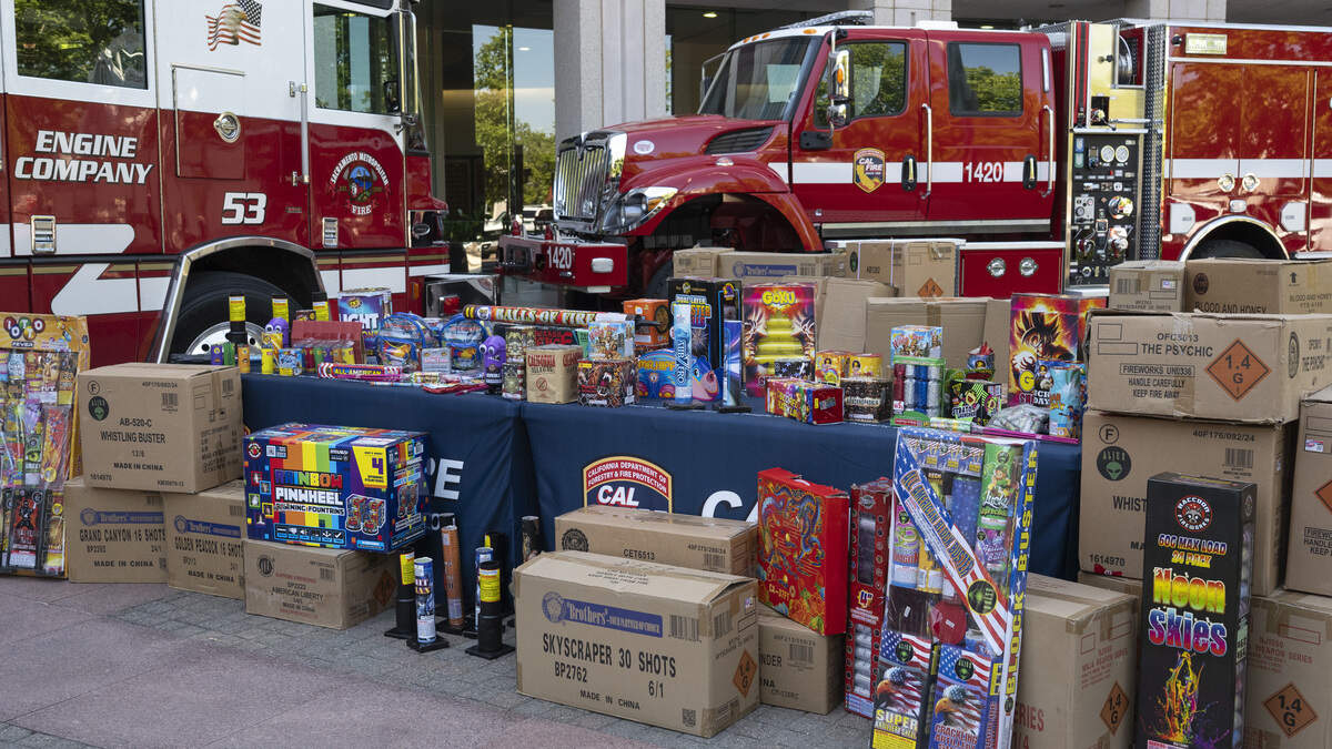 Examples of illegal fireworks are displayed during a Cal Fire press conference about fireworks safety at Shriners Children’s Hospital in Sacramento on Thursday, June 25, 2026.