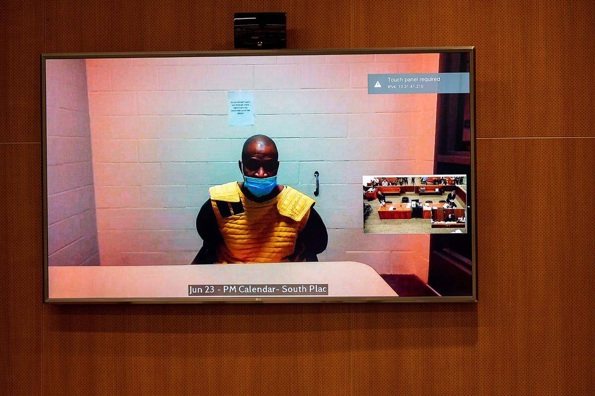 Johnnie Jordan IV appears remotely during his arraignment on June 23, 2021, in Placer Superior Court in Roseville, California. Jordan on Tuesday pleaded guilty to first-degree murder.
