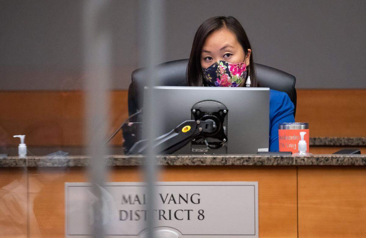 City Councilwoman Mai Vang sits at the dais during the Sacramento City Council meeting at City Hall on Tuesday.