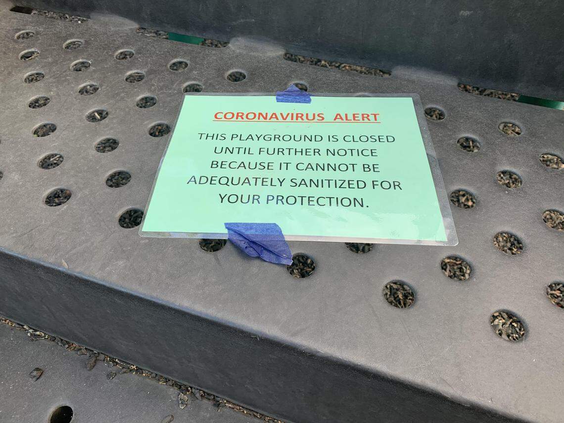 A sign has been posted advising visitors that the playground at Seely Park was closed on Tuesday March 24, 2020, to slow the coronavirus spread. The park on Pope Avenue in Arden Arcade in Sacramento, California is part of the Fulton-El Camino Recreation & Park District.