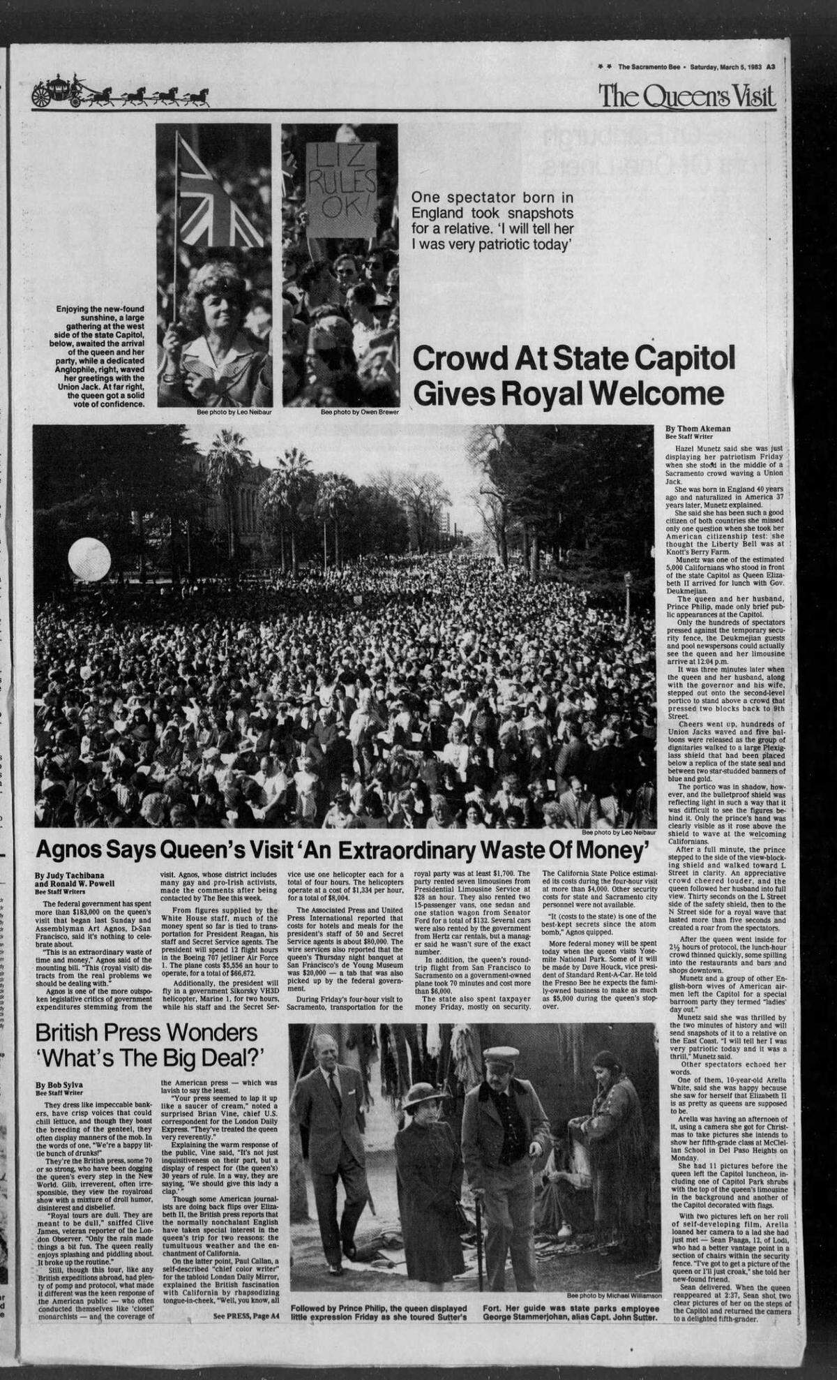A news page of The Sacramento Bee on March 5, 1983, chronicling Queen Elizabeth II’s visit to the capital.