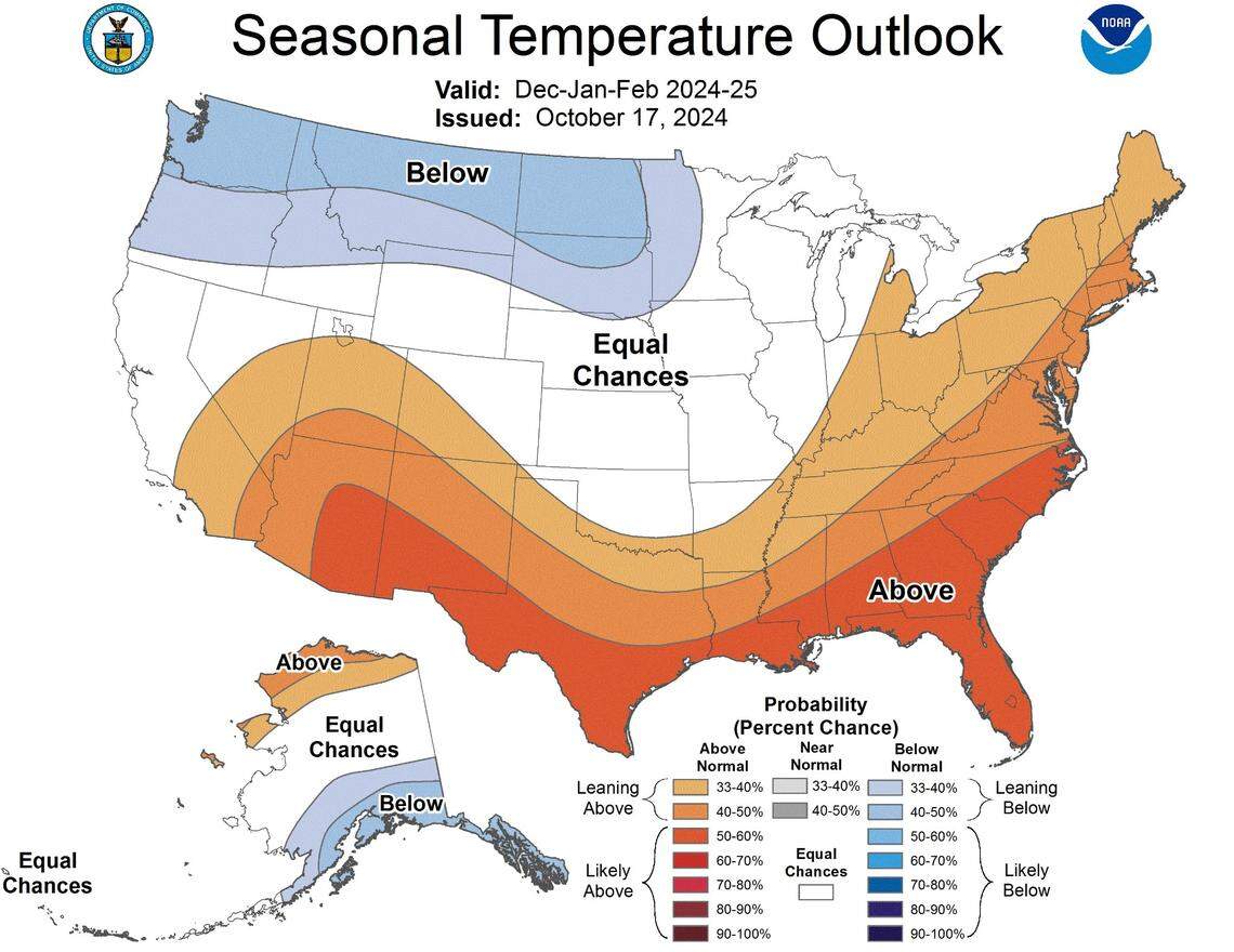 The 2024-2025 U.S. Winter Outlook map for temperature shows the greatest chances for cooler-than-average conditions in the Pacific Northwest of the U.S.