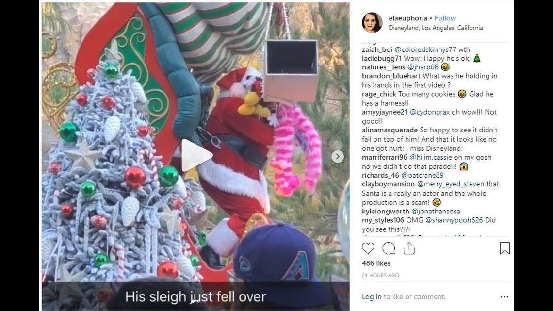 A float collapsed Saturday during a Disneyland holiday parade, ejecting Santa Claus from his sleigh and leaving him hanging by a safety harness in front of parade-goers. He finished the parade on foot after being rescued.