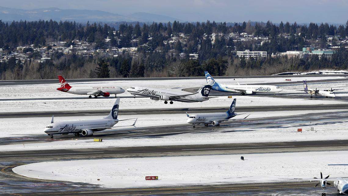 An Alaska Airlines plane takes off above arriving flights waiting for gate assignments at Seattle-Tacoma International Airport in Seattle. The airline has been sued on behalf of a 5-year-old girl who was bitten on the face by a pit bull brought to the Portland, Oregon, airport by another passenger as an emotional support animal.
