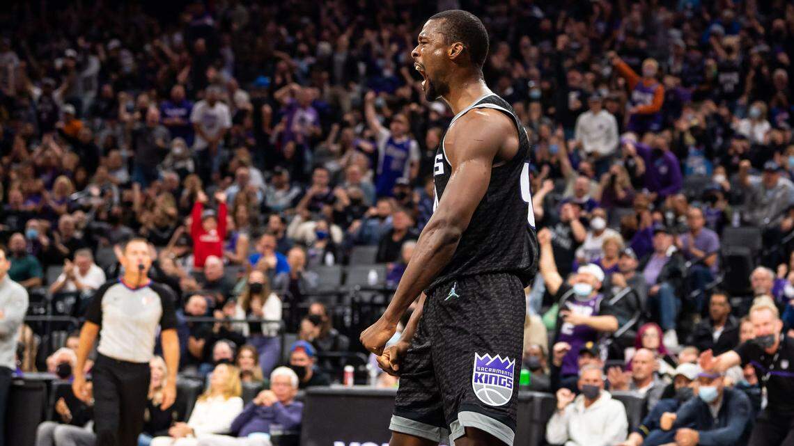 Sacramento Kings forward Harrison Barnes (40) yells after being fouled and scoring during the second half against the Utah Jazz at their NBA regular season home opener Friday, Oct. 22, 2021, at Golden 1 Center in downtown Sacramento.