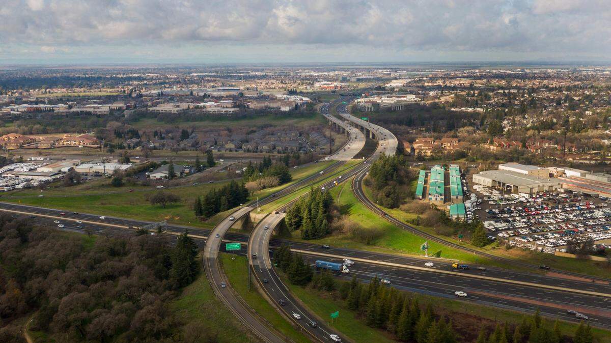A drone captures an image of cars driving on the Interstate 80/Highway 65 interchange in Roseville on Sunday, Jan, 26, 2020. Several key races are approaching in Placer County for the Nov. 8, 2022, general election.