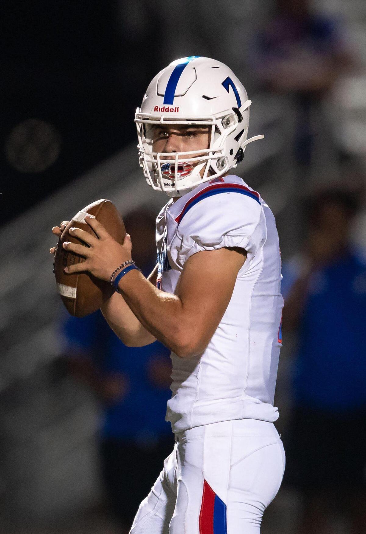 Folsom’s Tyler Tremain looks to pass in second quarter against Monterey Trail during the nonleague high school football game Friday, Aug. 20, 2021, at Monterey Trail High School in Elk Grove.
