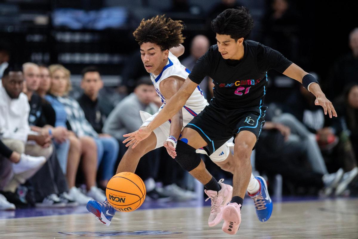 The Christian Brothers Falcons’ Joaquin Lucero-Mattis (10) steals the ball from the El Capitan Gauchos’ Braylen Centeno (21) in the second half of the CIF Sac-Joaquin Section Championship Division III championship on Friday, Feb. 28, 2025, at Golden 1 Center.