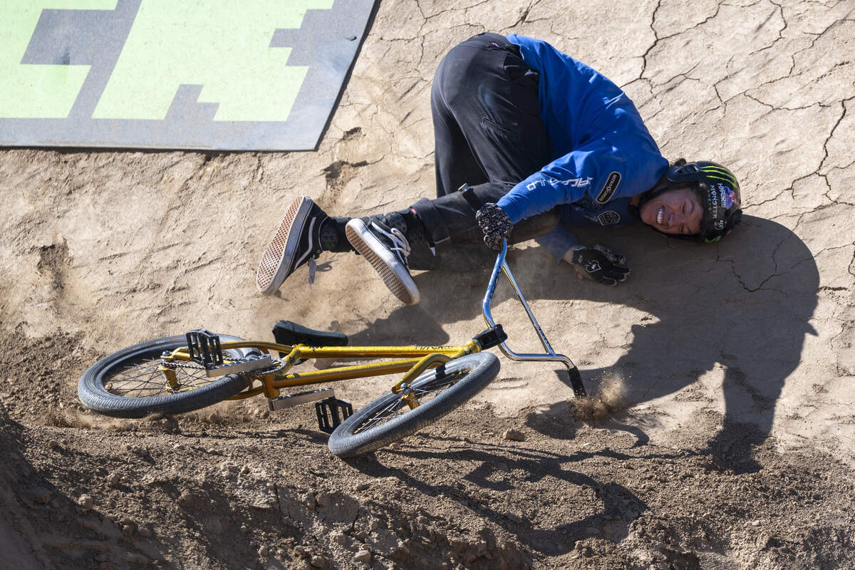 Ryan Williams, of Australia, crashes during the Stake BMX Dirt Best Trick event as a part of X Games Sacramento at Cal Expo in Sacramento on Sunday, June 28, 2026.