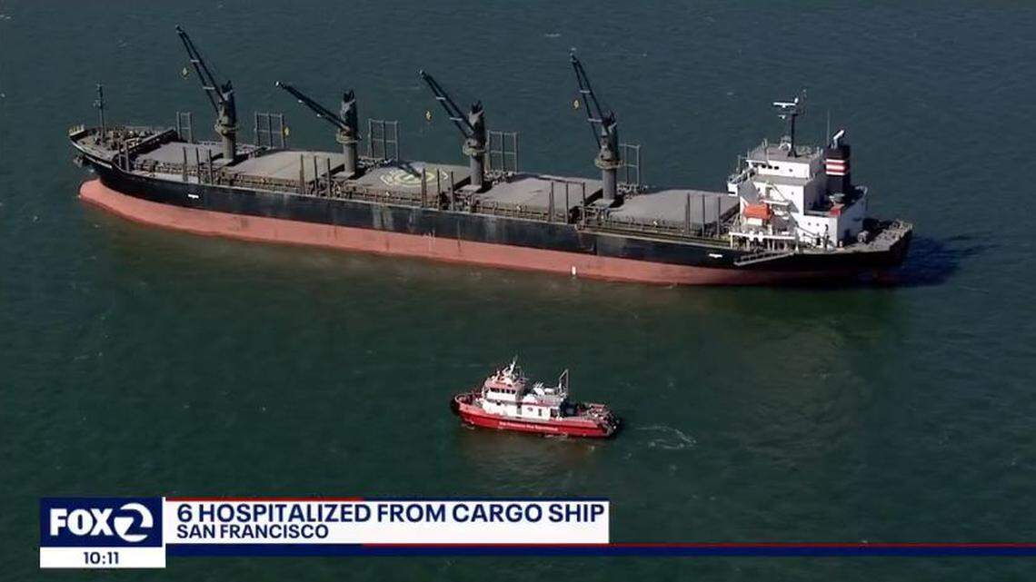 The cargo ship Global Striker is under quarantine in San Francisco Bay after six of 19 crew members who tested positive for COVID-19 were taken off, fire officials say.