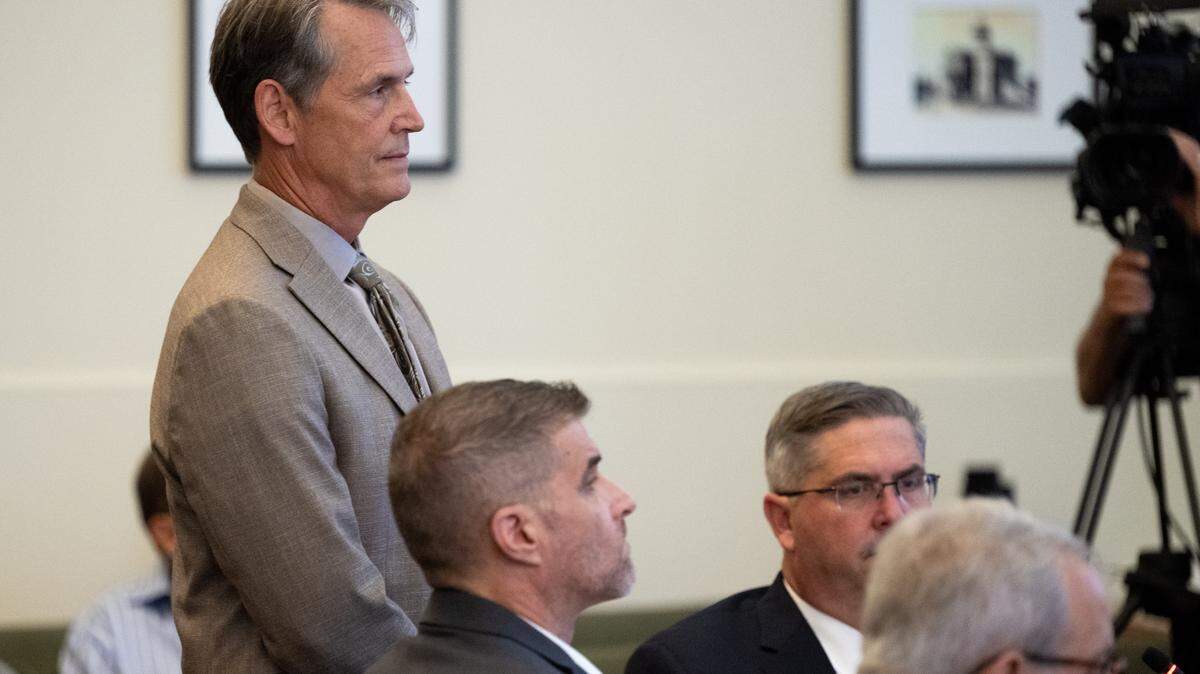 Daniel Serafini, seated at center left, the former Major League Baseball player recently convicted of murder, appears with attorney Jeff Wood, left, on Monday for a sentencing hearing in Placer Superior Court in Auburn. The sentencing was postponed.