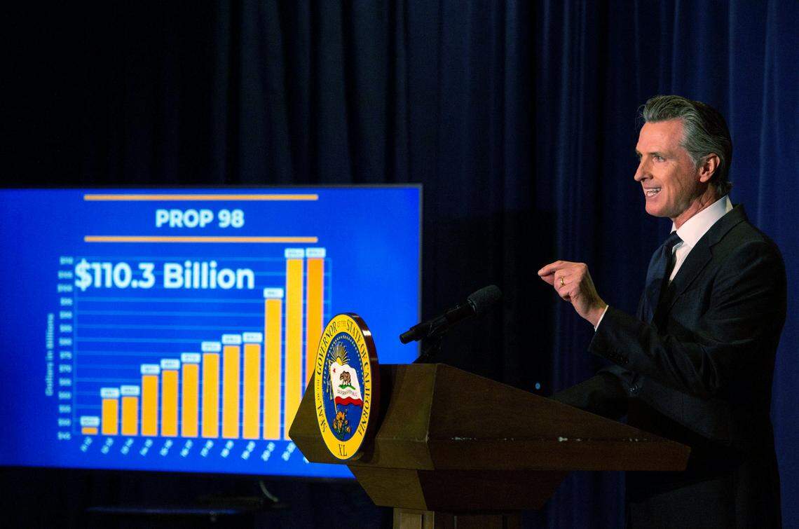 California Gov. Gavin Newsom presented his revised state budget, Friday, May 13, 2022, at the California Natural Resources Agency in Sacramento. Newsom’s May revise budget has government spending for inflation relief, abortion, tax refunds, homelessness, housing, education and more.