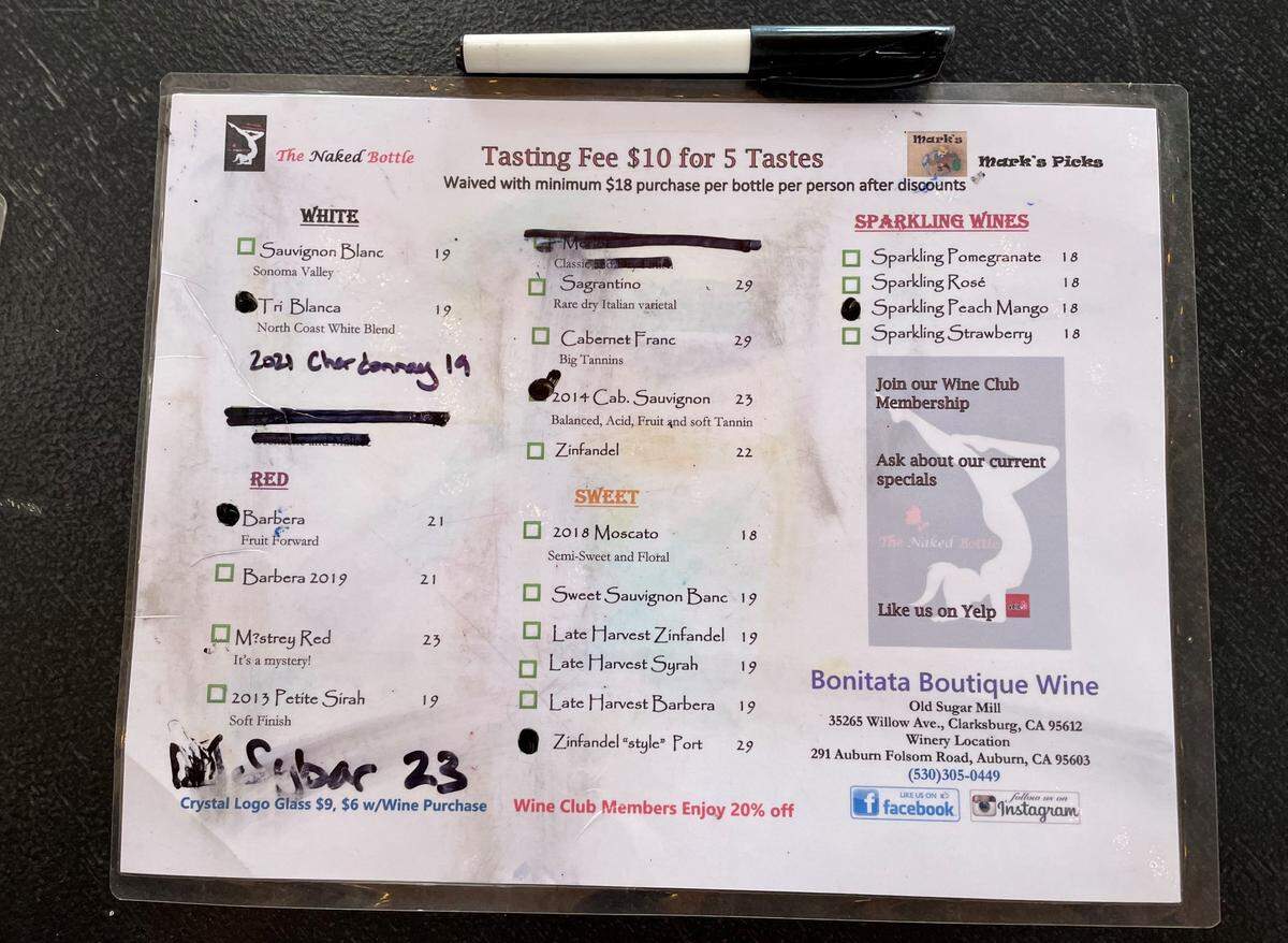 Service journalism reporter Brianna Taylor visits Old Sugar Mill at 35265 Willow Ave., Clarksburg on June 24, 2023, with $25. She chooses five wine samples at Bonitata Boutique, located in the Boiler Room.