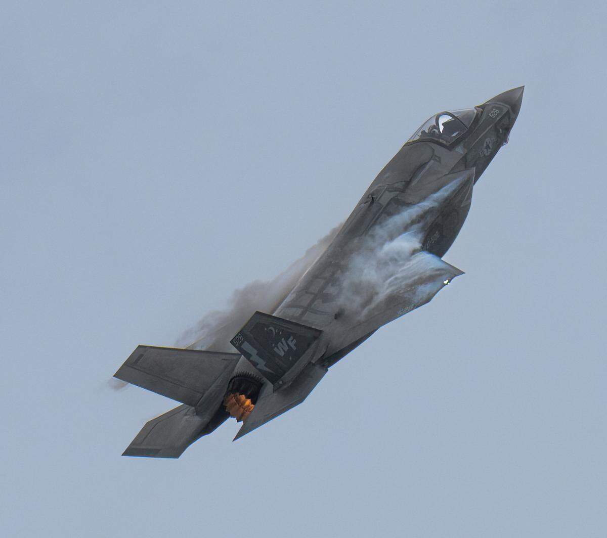 The U.S. Marine Corps F-35B Lightning II conducts aerial demonstration maneuvers during the California Capital Airshow at Mather Airport on Saturday, March 22, 2025.
