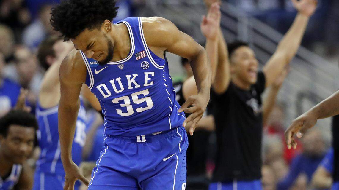 Duke's Marvin Bagley III (35) celebrates after making a 3-point basket during the second half of a regional final game against Kansas in the NCAA Tournament Sunday, March 25, 2018, in Omaha, Neb.