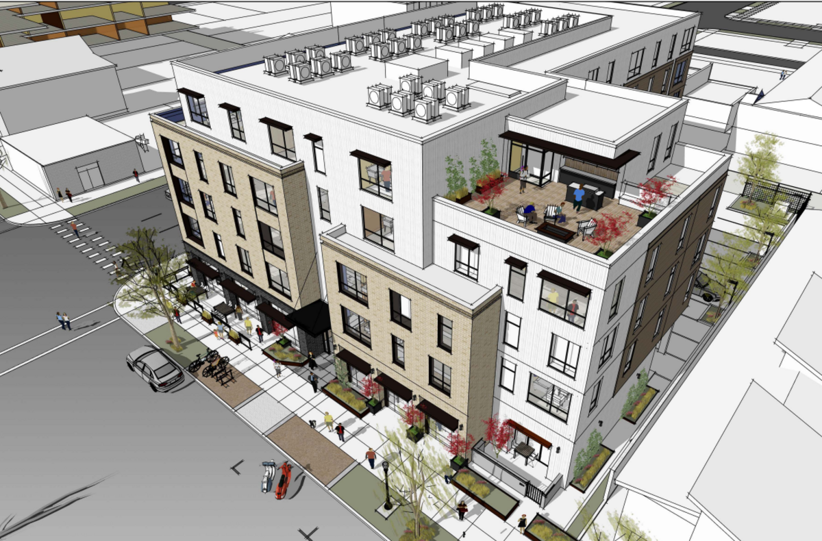 A proposed 60-unit apartment building at 16th and V streets in Sacramento, California would have a rooftop patio on the fourth floor.
