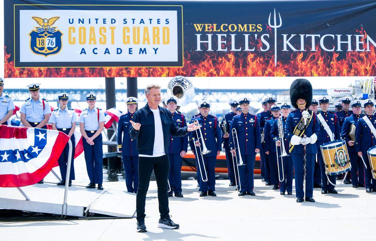 “Hell’s Kitchen” host Gordon Ramsay appears with the U.S. Coast Guard Academy in the season premiere of “Hell’s Kitchen: Head Chefs Only,” which aired Thursday, Sept. 26, 2024, on Fox.