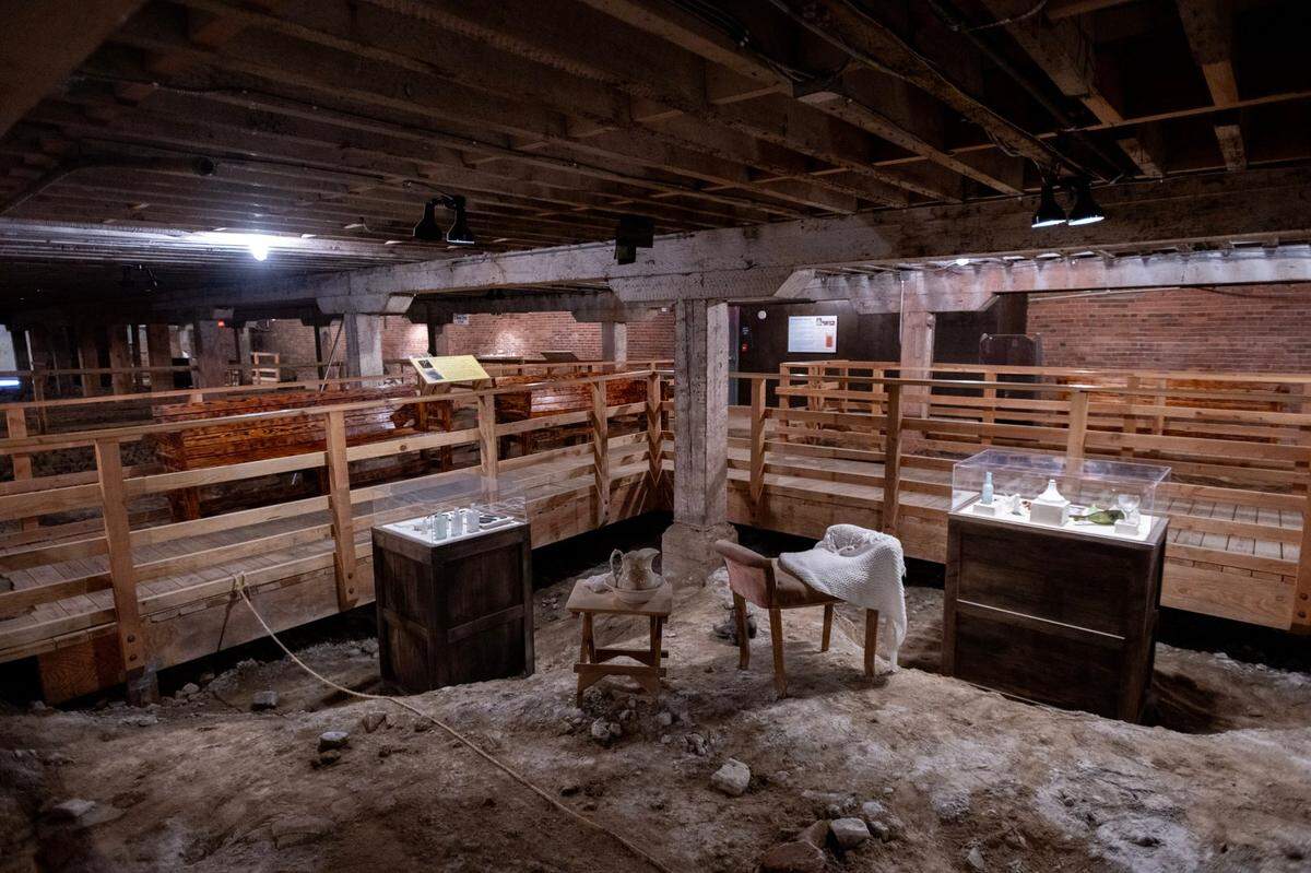 Artifacts from Old Sacramento in the 1800s are displayed on Aug. 23, 2024, in the underground area of the Hall, Luhrs & Company building.