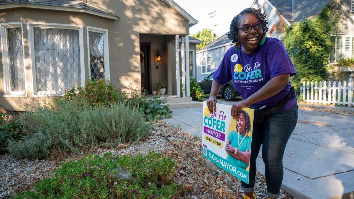 Flo Cofer puts up a yard during her 2024 campaign for mayor of Sacramento. Cofer in 2026 is running for the Sacramento County Board of Supervisors. She filed a complaint with the State Bar of California alleging an attorney made false statements about her.