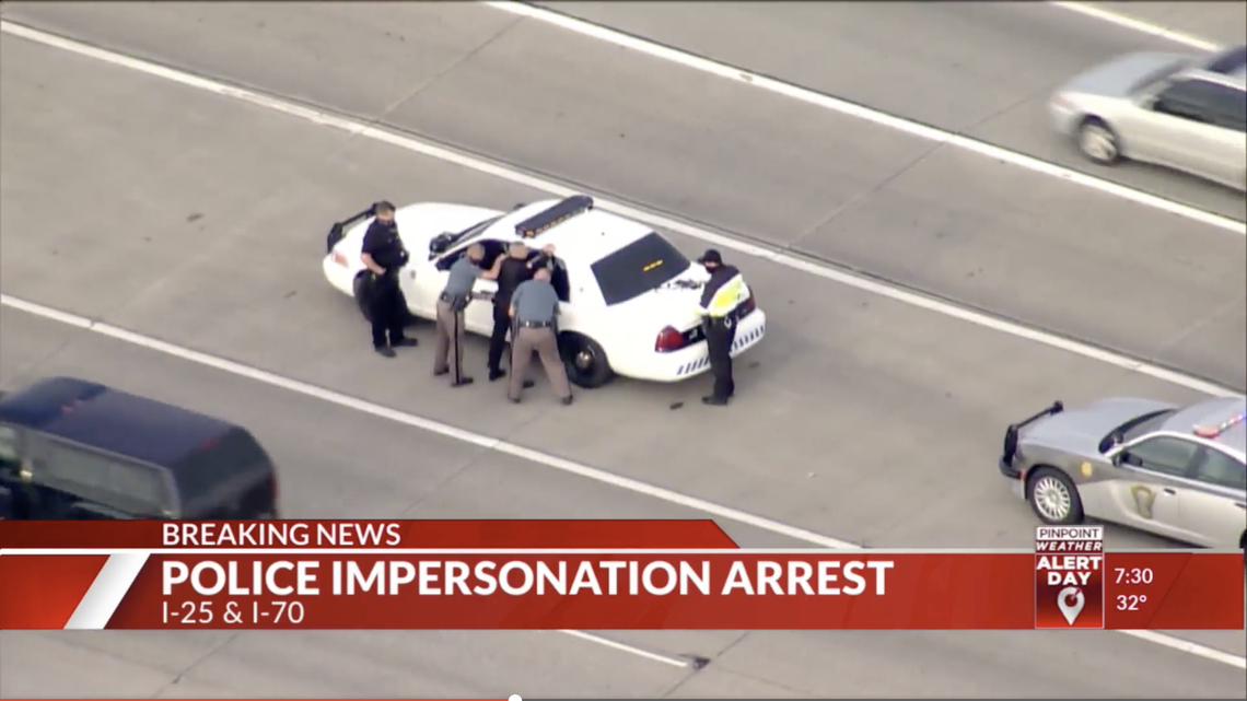 The Colorado State Patrol says a man wearing an Aurora Police Department uniform and driving what looked like a patrol car was arrested after speeding on Highway 36.