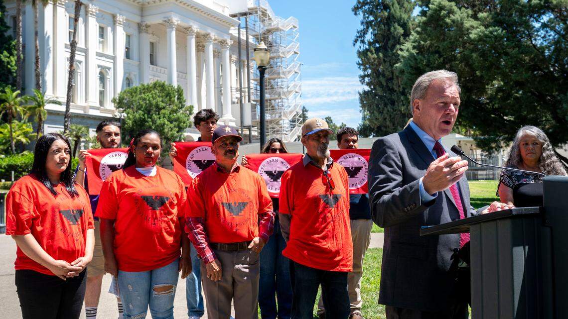 Sen. Dave Cortese, D-San Jose, speaks at a press conference outside the Capitol in August 2024, for a bill to strengthen worker protections around heat safety. This year, Cortese is authoring a labor-sponsored bill that would require public pension funds to disclose more data about private equity investments. 