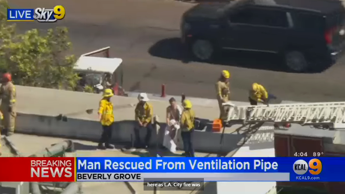 Crews rescued a man trapped in the air vent of a vacant restaurant in California after a worker heard the screaming in the kitchen’s ventilation system, officials said.  (Screenshot from KCAL 9 News)