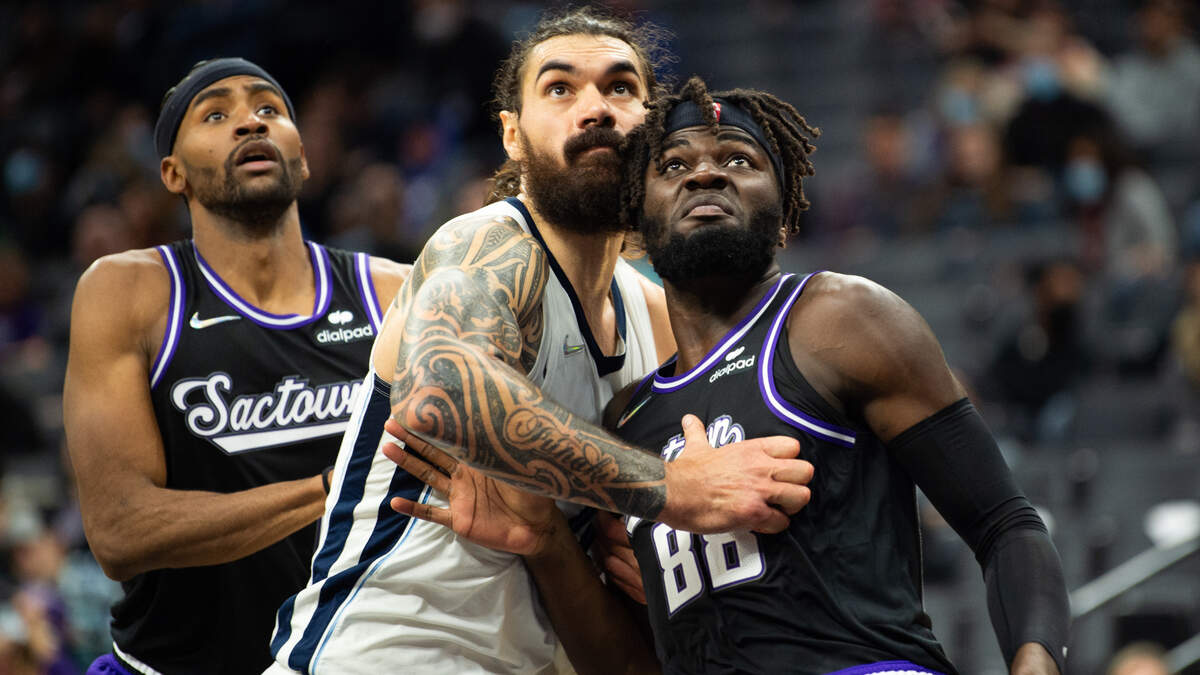 Sacramento Kings center Neemias Queta (88) looks for rebound with Memphis Grizzlies center Steven Adams (4) in the first half during a game at the Golden 1 Center on Friday, Dec 17, 2021, in Sacramento.