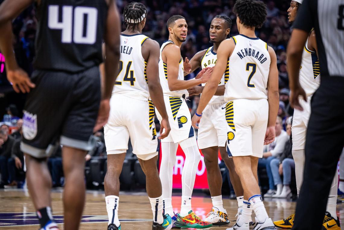 Indiana Pacers guard Tyrese Haliburton (0) reacts to being called for a technical foul in favor of the Sacramento Kings during the second quarter of the NBA basketball game Wednesday, Nov. 30, 2022, at Golden 1 Center in Sacramento.
