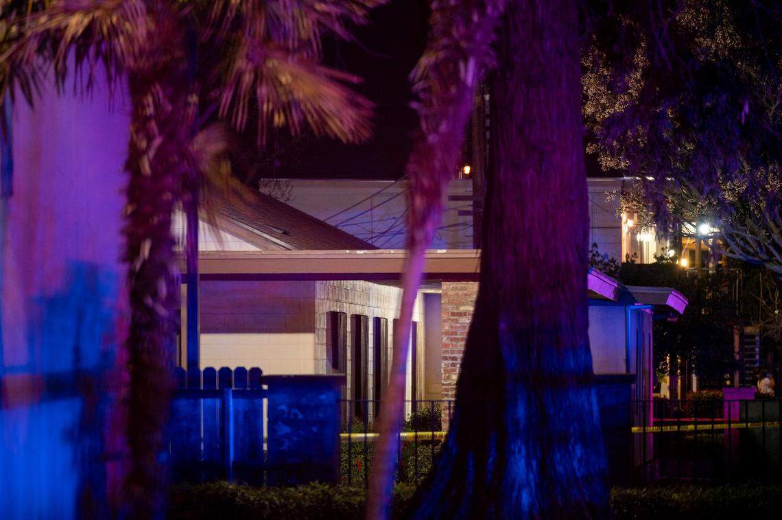 The Church in Sacramento, where a father killed himself, his three children, and another adult, is visible from behind police tape at the corner of Ethan and Wyda ways in Arden Acrade on Monday, Feb. 28, 2022.
